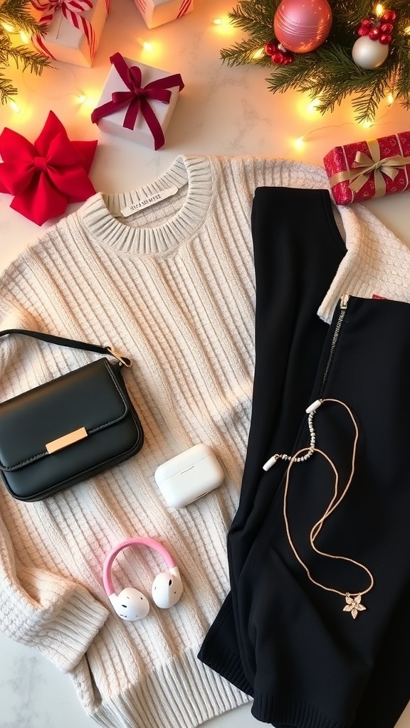 Trendy Christmas Wishlist Ideas for Stylish Girls Flat lay of trendy Christmas gifts including a sweater, bag, earbuds, and jewelry on a festive background.